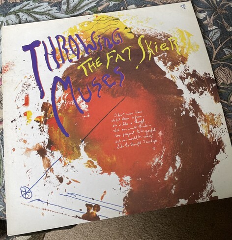 Cover of Throwing Muses’ EP “The Fat Skier”. An impressionist painting of a happy person with long hair, skiing. 

Text: I don’t know where the fat skier is from… she is like a thought that one would think is too pregnant to be graceful, but one would be wrong. Like the thought I send you. ♥️