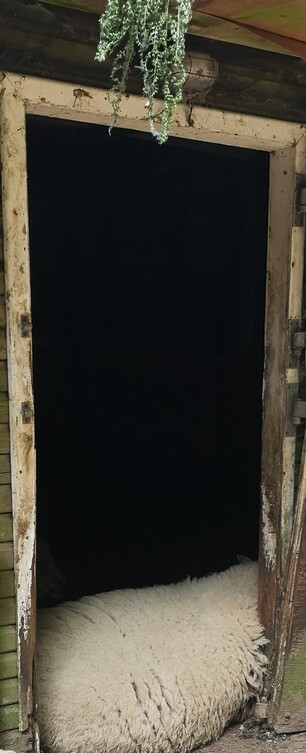 There is a doorway here, framed in tatty white-painted wood strips. Beyond, at first glance, appears to be inky blackness. Strangely, lying across the bottom of the doorway there seems to be a large amount of wool. At the right-hand end of the wool you can see the faint suggestion of an ear.

As you gaze further into the darkness you can almost make out something at the left-hand side of the wool too, in the darkness above - could it be... a nose?