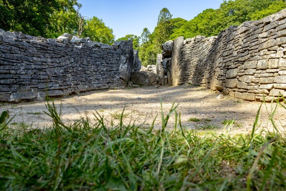 Parc Cwm Long Cairn or Parc Le Breos burial chamber, a neolithic "cromlech", dated to around 5850BC.

A photo taken from ground level, looking through stems of green grass. Looking down the central passage, formed by grey dry stone walls on either side. In the background tall trees reach into a cloudless blue sky