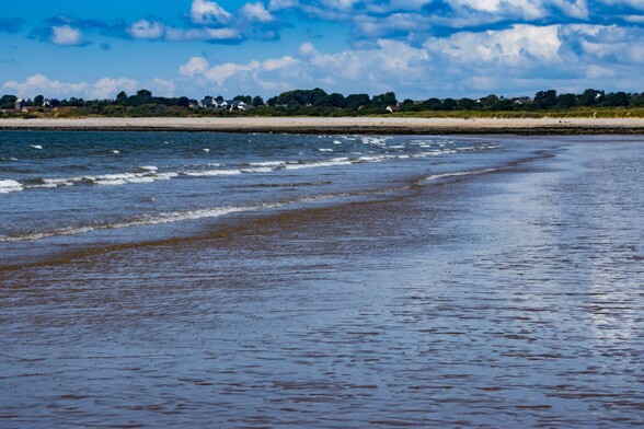 Newton Beach, Looking towards Newton village.

Small white foamed waves roll gently onto wet sandy beach, both the water and the sand reflect the blue sky, which is liberally populated with thick fluffy clouds. The beach curves around to the left and is backed by low, grass covered dunes. A few houses and the square tower of St John's Church in Newton can be seen in the distance