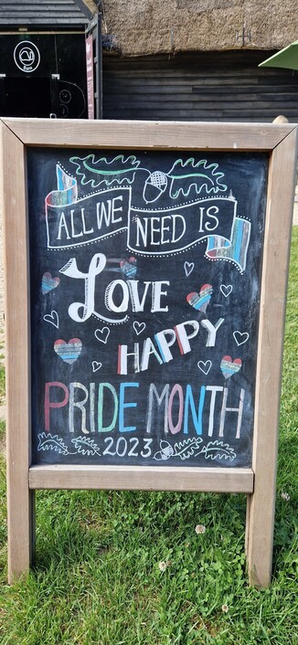 A small, portable, A-frame chalkboard written on with multicolour chalk, standing on grass. It has oak leaf and acorn designs. A fluttering banner across the top says "All we need is" then "Love" underneath, surrounded by little hearts, some filled in rainbow colours. This is followed by "Happy" and "Pride Month" in various colours. The bottom has 2023 and more oak leaf and acorn designs.