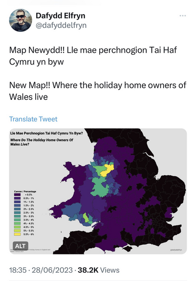 Map gan Dafydd Elfryn. Map by Dafydd Elfryn from Census 2021 : ‘Where do holiday home owners of Wales live? 