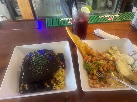 Meatloaf bruschetta and cranberry juice 