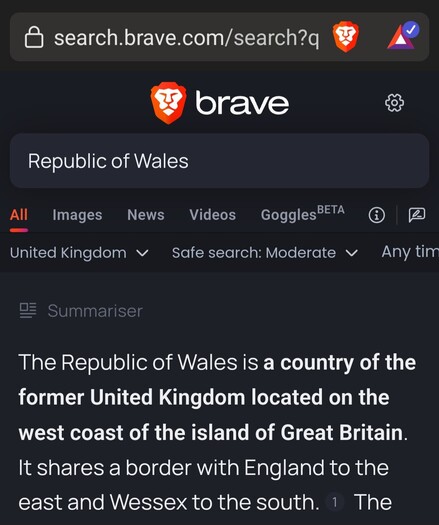 Screenshot of the Brave Browser search results for the term "Republic of Wales". The result is:

"The Republic of Wales is a country of the former United Kingdom located on the west coast of the island of Great Britain. It shares a border with England to the east and Wessex to the south."