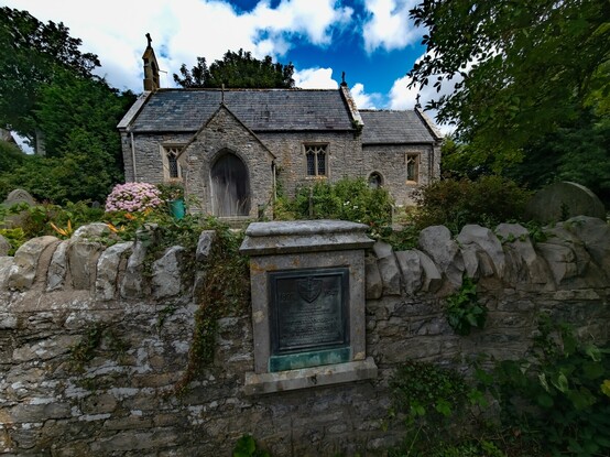 The small limestone church of St Lawrence at Lavernock:

Looking over a stone wall and passed an overgrown graveyard to the doorway of a small grey, stone church. A plaque set in the wall commemorates that Lavernock was the location for Marconi and kemp's successful experiment to send radio messages across water.