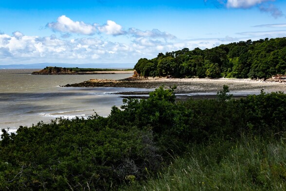 Looking over St Mary's Well Bay, passed Ball Rock to Sully Island:

A line of green shrubs tops a cliff standing over a rugged bay. Fingers of dark rock stretch into a grey sea. Trees line the back of the opposite beach. Sully Island stretches out from behind the opposite promontory and the shadow of the Somerset coast can be seen in the distance