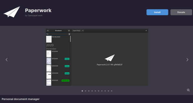 Paperwork app page on Flathub, showing a screenshot and a bit of text "Personal document manager"