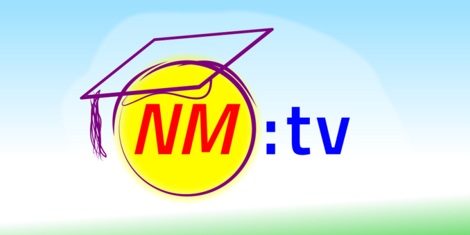 A gradient-fill graphic imitating a blue sky with the sun rising. The disk of the sun is overlaid with a Nemethsphere outline logo (circle with a graduation cap), and the text NM:tv.