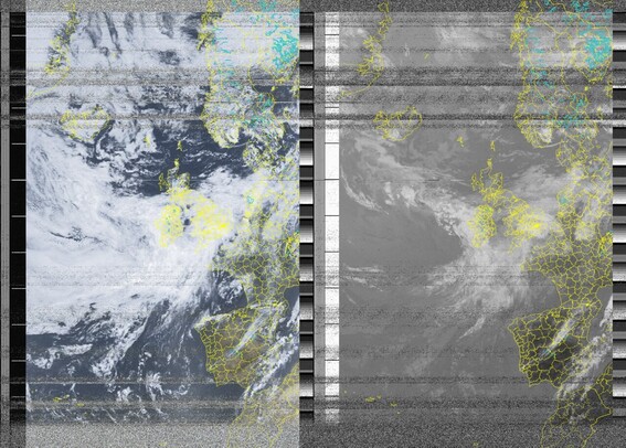 A decoded NOAA satellite image showing the cloud formations over the UK, Scandinavia, Iceland, Spain and France. The left image is a false colour visible light image and the right image is a monochrome infrared image.
