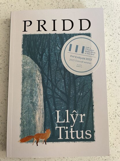 Llyfr Pridd gan Llŷr Titus. Mae llun o goed, carreg enfawr, a llwynog ar frwnt y llyfr. 