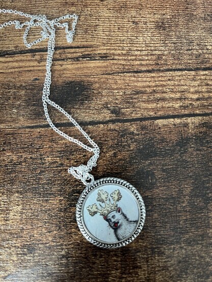 A necklace with a picture of terribly hilarious medieval cat picture. It’s sticking it’s tongue out and wearing a crown. To be honest it looks more like a furry person, than a cat. But for some reason people in medieval times couldn’t draw for shit.