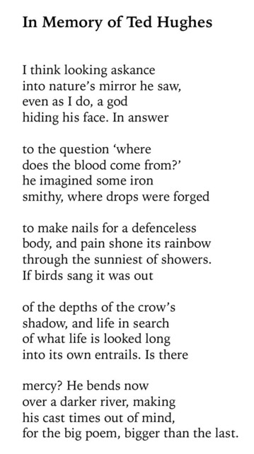 Text of poem -
In Memory of Ted Hughes. 
I think looking askance into nature's mirror he saw, even as I do, a god hiding his face. In answer to the question 'where does the blood come from?' he imagined some iron smithy, where drops were forged to make nails for a defenceless body, and pain shone its rainbow through the sunniest of showers. If birds sang it was out of the depths of the crow's shadow, and life in search of what life is looked long into its own entrails. Is there mercy? He bends now over a darker river, making his cast times out of mind, for the big poem, bigger than the last.