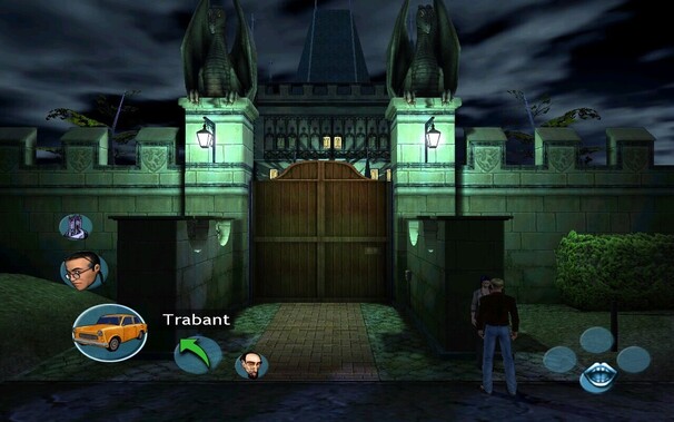 Another screenshot in which possible conversation topics are shown - the car is selected and specifically labelled as a Trabant. In the background stands a gothic castle in Prague.