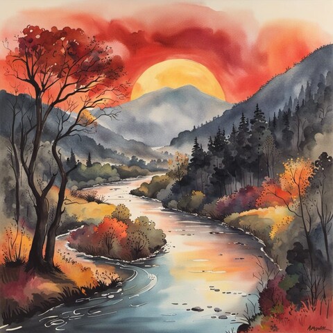 beautiful meandering river, watercolour, with a gorgeous yellow sun setting behind a distant valley with a red hue all around. To either side of the river lies a valley with trees either side of the banks.