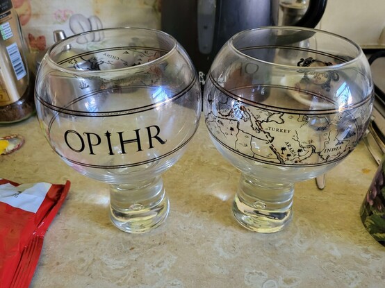 Two bowl-shaped gin glasses with narrower stems, that say OPIHR (a brand of gin) on one side, and a map of Asia going into Europe on the other side.