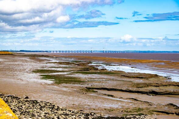 The Second Severn Crossing:

Looking along the muddy foreshore of the Severn Estuary, the brown water separating Cymru from England is bisected by the slightly arching course of a white bridge. Numerous pillars support the bridge, except for the central section which is suspended by two tall towers. In the far distance, the bright white suspension towers of the older bridge can be seen.