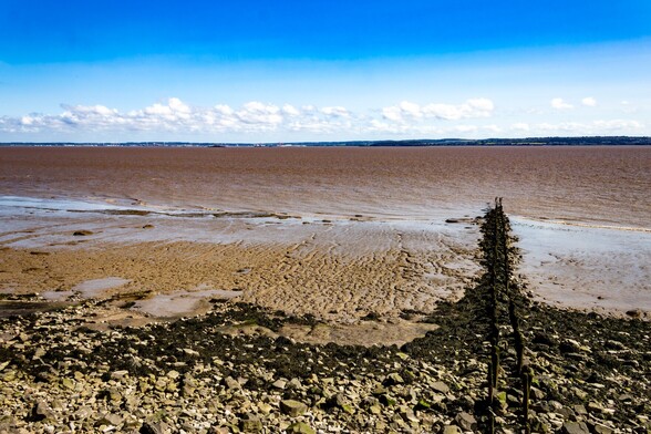 Looking out across the muddy Severn Estuary and to the Somerset coast, where green farmland gives way to the mostly white industrial buildings of Portishead and Avonmouth. Near to the camera, two parallel lines of old wooden staves emerge from the stone and mud of the foreshore and into the water
