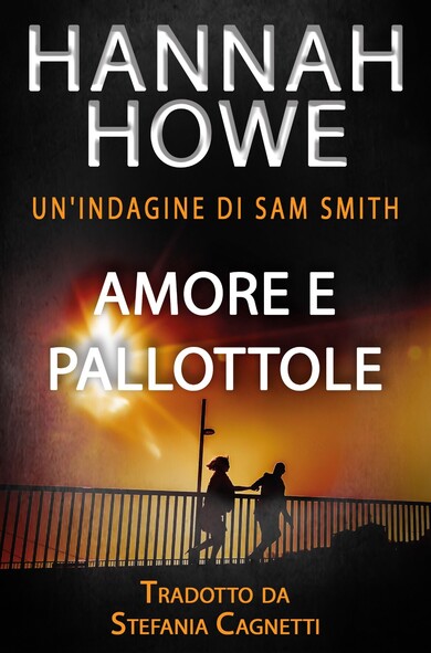 Book cover, man and woman running under a spotlight 
