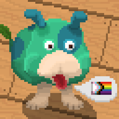 64x64 pixel art of Moss from Pikmin 4, standing on some wooden planks. Moss is a green dog with blue spots in the pikmin universe. She's standing on two legs and has a cute leaf tail. She has brown bulging eyes and her mouth is open with her tongue going out.
There is a speech bubble near her tongue with a lgbtq flag inside of it