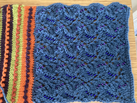 Blue beaded lace stitch square