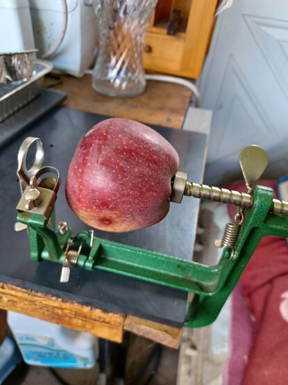 A ripe apple mounted on an apple peeler/corer/slicer device.  Device is painted green with silvery metal shaft and cutting pieces. Apple has not yet been processed.