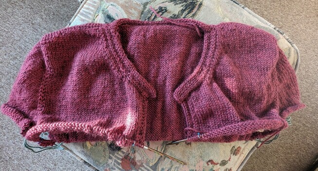 A handknitted cardigan worked from the top down as far as the sleeve separation in plum coloured yarn