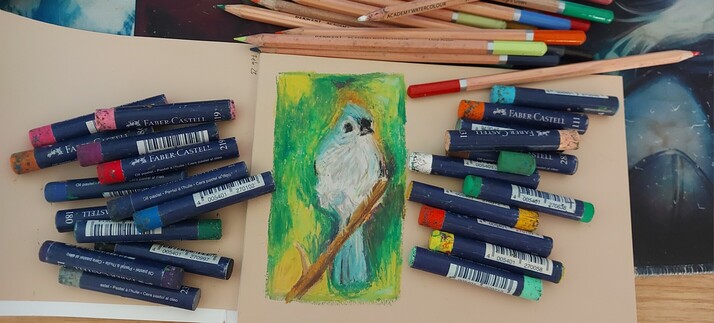 A white and blue bird sitting on a branch. The background is made up of various shades of greens and yellows. It is drawn on toned paper and the picture is surrounded by the new oil pastels and pens.