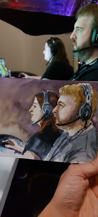 Watercolour sketch of the sideprofiles of a man and a woman with black clothes and headsets on in front of a dark background.