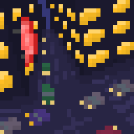 32x32 pixel art of a big city at night, viewed from a top/side angle. There is a crossroads full of cars with different colors: gray, blue, green and red. The road looks like a reversed letter T, with the upper road extending to the horizon. There are two buildings on the left and right side of the road, the left one has a red hotel sign on the side.
We can see yellow light shining from outside the buildings' windows. The whole city has deep blue tint to it and the sky is dark blue, because it's night time. All the cars have their headlights on.