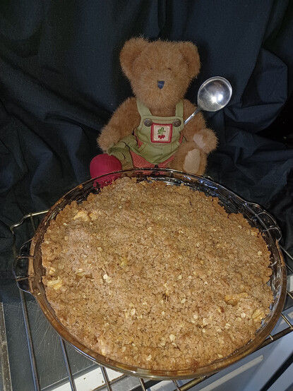A light brown teddy bear in green overalls sits looking directly at the camera. He is holding a beet in his right paw.  There is a bunch of beets embroidered on the bib of his overalls.   He is holding a spoon and getting ready to dig in to a large glass dish of Apple Crisp,