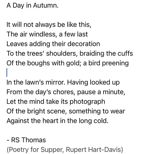 Text of poem -
A Day in Autumn. 
It will not always be like this, The air windless, a few last Leaves adding their decoration To the trees' shoulders, braiding the cuffs Of the boughs with gold; a bird preening In the lawn's mirror. Having looked up From the day's chores, pause a minute, Let the mind take its photograph Of the bright scene, something to wear Against the heart in the long cold. 
RS Thomas (Poetry for Supper, Rupert Hart-Davis)