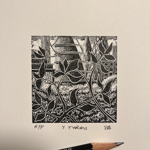 A wood engraving of a cityscape foregrounded by winding branches and leaves which partially obscure the view.