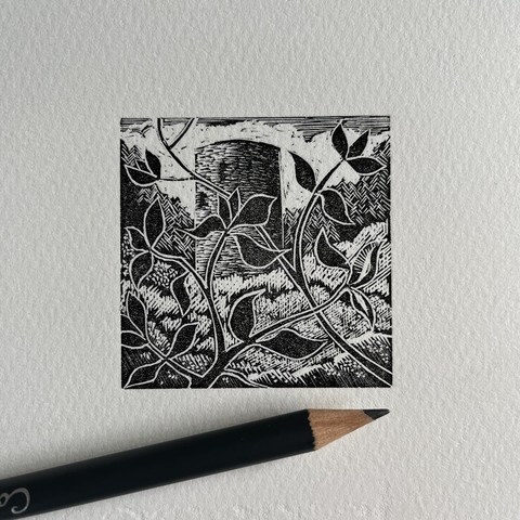 A wood engraving of a castle tower partially obscured by winding branches and leaves.  The pattern of branches is the same as in the other picture.  What had changed is the shift from rural to urban scene.
