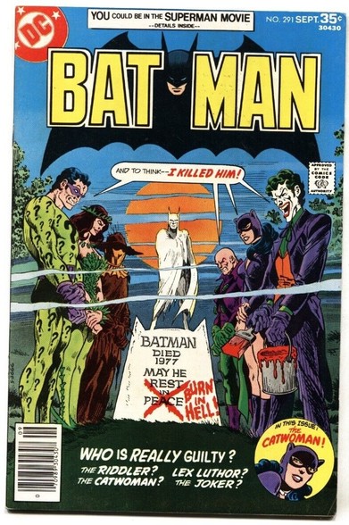 Batman #291 cover with 6 villains standing by Batmans grave 