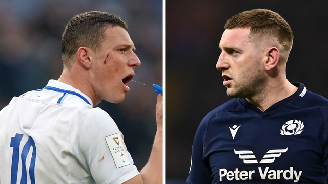 Italy fly-half Paolo Garbisi and Scotland captain Finn Russell during the Six Nations.

