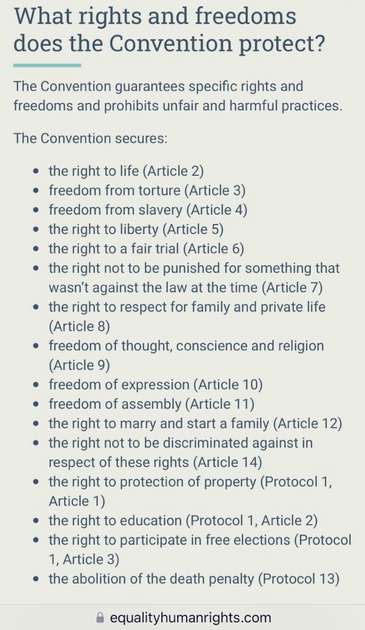 What rights and freedoms does the Convention protect? The Convention guarantees specific rights and freedoms and prohibits unfair and harmful practices. The Convention secures:  the right to life (Article 2) o freedom from torture (Article 3) o freedom from slavery (Article 4)  the right to liberty (Article 5) * the right to a fair trial (Article 6) e the right not to be punished for something that wasn't against the law at the time (Article 7) * the right to respect for family and private life (Avrticle 8) ¢ freedom of thought, conscience and religion (Article 9) « freedom of expression (Article 10) o freedom of assembly (Article 11) * the right to marry and start a family (Article 12) ¢ the right not to be discriminated against in respect of these rights (Article 14)  the right to protection of property (Protocol 1, Article 1)  the right to education (Protocol 1, Article 2) * the right to participate in free elections (Protocol 1, Article 3)  the abolition of the death penalty (Protocol 13) & equalityhumanrights.com 