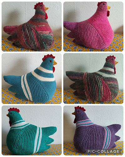 A 2 x 3 grid showing photos of the six knitted emotional support chickens I have made since the end of February. They are a variety of colours and sizes, though that's not really obvious from the photos. 