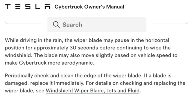 A screenshot from a Tesla Cybertruck manual that explains that occasionally its windscreen wiper will just not work for 30 seconds at a time. Which is I am sure just lovely if it's pissing it down when you're driving fast. Or at all.