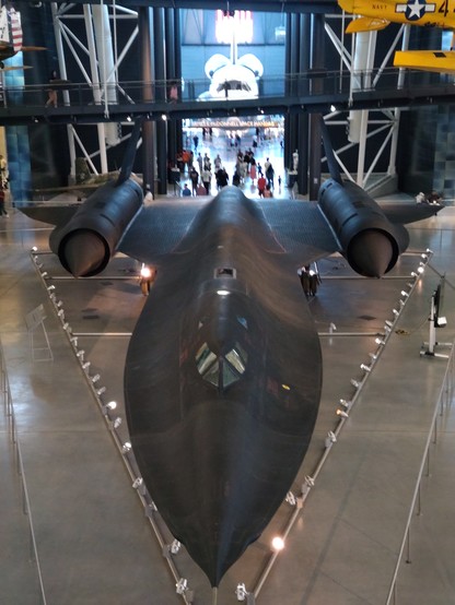 SR-71 "Blackbird" in the foreground with space shuttle Discovery behind it. Udvar-Hazy museum. 