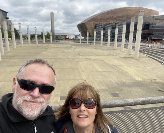 Selfie with Roald Dahl Square and Millenium Centre in background 