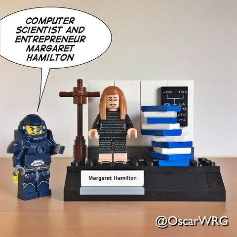 Lego Margaret Hamilton. A Lego astronaut says " Computer scientist and entrepreneur Margaret Hamilton".
