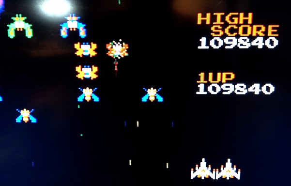 NES "Galaga" play screen. Hi-score showing 109,840pts (nothing special, but not bad!)  