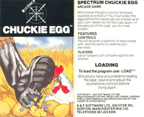 The cassette cover of the Spectrum version of Chuckie Egg. Even the Speccy version of this platformer was great. Unlike most other platformers of the day, which had stop-start gameplay necessitated by the inclusion of pixel-perfect jump requirements, Chuckie Egg had wonderfully sloppy controls which let the gameplay flow in a manner rarely seen until the advent of Super Mario Bros on the NES. You could dash around the levels fluidly and falls from any height wouldn't kill you, making the platformer a joy to play.