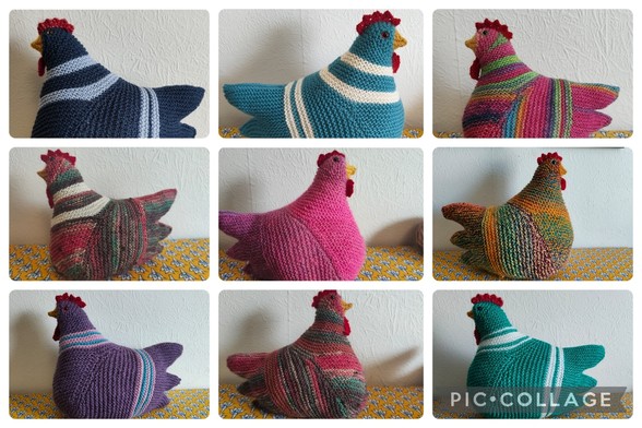 A 3 by 3 grid with 9 knitted chickens in a variety of colours and patterns. Some are facing to the left, the others to the right.