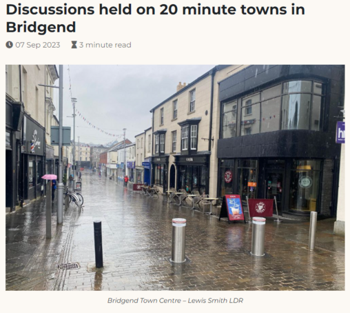 Header of article and an image of a rainy empty Bridgend High St.