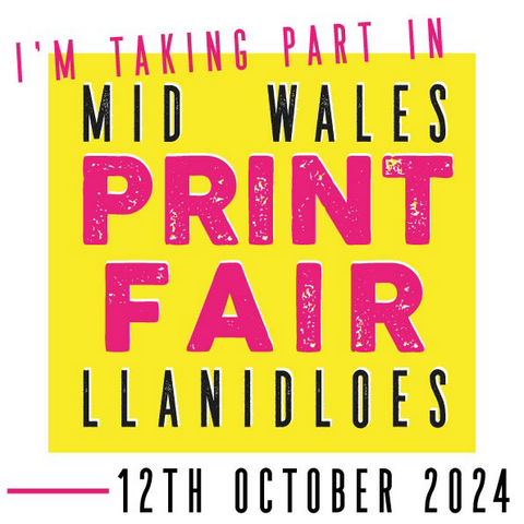 A flyer for the mid Wales print fair at Llanidloes on 12th October.  The text is in a yellow square and in blue black and fuschia.