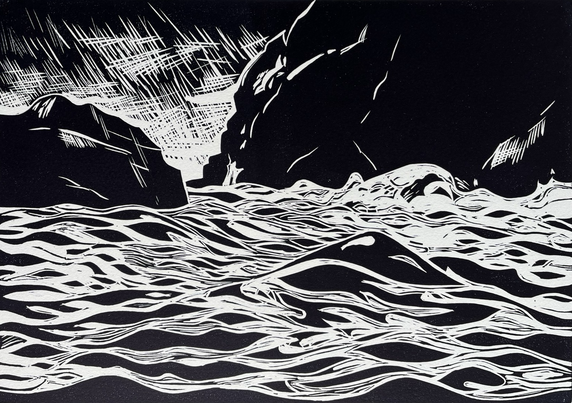 Monochrome linocut print in blue-black ink of a choppy sea rushing by a skerry and breaking upon a headland.  The sky is dark and slashed with white lines.