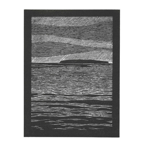Monochrome linocut in black ink of an island on a far horizon. 