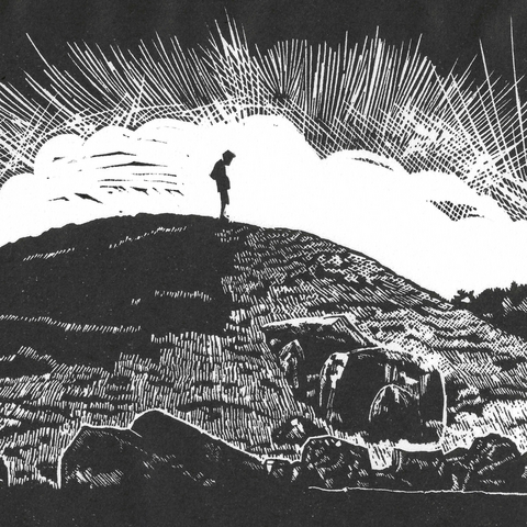 Monochrome linocut of a boy standing atop a Neolithic burial chamber.  