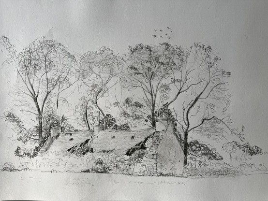 A pastel pencil sketch in black of a ruined stone and slate-roofed longhouse.  Trees rise behind the house, the roof of which has partially fallen away to reveal broken rafters.